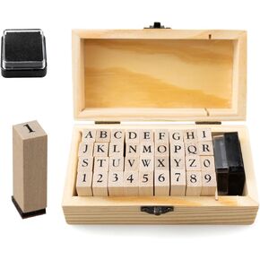 36-Piece Alphabet Stamp Set with Wood Storage Box - Letter Stamps for Clay, Number Stamps - Ideal for DIY Scrapbook, Gift Cards, Crafts, and Painting