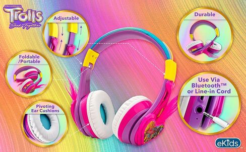 eKids Trolls Band Together سماعات بلوتوث للأطفال، سماعات رأس لاسلكية مع ميكروفون تتضمن سلك Aux، سماعات رأس قابلة للطي للأطفال منخفضة الحجم للمدرسة أو المنزل أو السفر in Saudi Arabia