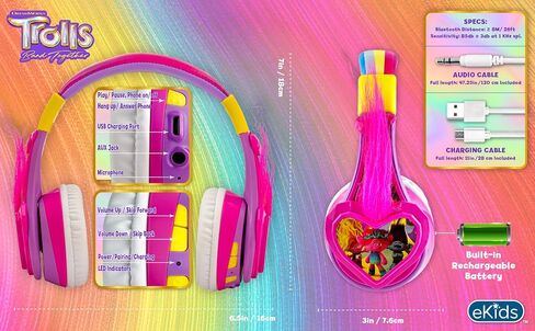 eKids Trolls Band Together سماعات بلوتوث للأطفال، سماعات رأس لاسلكية مع ميكروفون تتضمن سلك Aux، سماعات رأس قابلة للطي للأطفال منخفضة الحجم للمدرسة أو المنزل أو السفر in Saudi Arabia