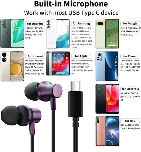 سماعات رأس USB C مع ميكروفون سلكية لهاتف Galaxy S24 S23 FE S22 S21 iPhone 15، سماعات أذن USB من النوع C مع خاصية إلغاء الضوضاء المغناطيسية داخل الأذن لهاتف Oneplus Open 11 9 Samsung Z Flip Fold 5 Pixel 8 7 iPad in Kuwait
