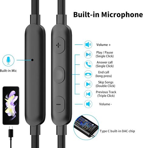 سماعات رأس USB C مع ميكروفون سلكية لهاتف Galaxy S24 S23 FE S22 S21 iPhone 15، سماعات أذن USB من النوع C مع خاصية إلغاء الضوضاء المغناطيسية داخل الأذن لهاتف Oneplus Open 11 9 Samsung Z Flip Fold 5 Pixel 8 7 iPad in Kuwait