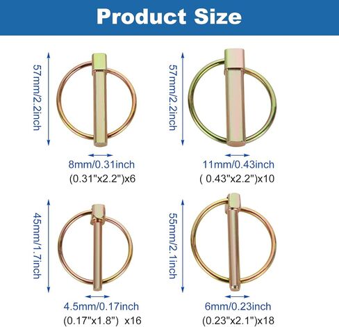 MUXHEL 50 Pcs Heavy Duty Lynch Pin Assortment Kit, Carbon Steel Tractor Pins, Lynch Pin with Ring Lock for Farm Tractors, Trailers, Trucks and Mowers (0.17"x16, 0.23"x18, 0.31"x6, 0.43"x10) in Saudi Arabia