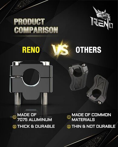 مشبك رفع مقود الدراجة النارية RENO مقاس 7/8 بوصة، طقم تركيب حامل مقود ارتفاع 1-1/2 بوصة متوافق مع الدراجات النارية العالمية | الدراجة الترابية | ملحقات ATV (ألومنيوم، أسود، 2 قطعة) in Kuwait