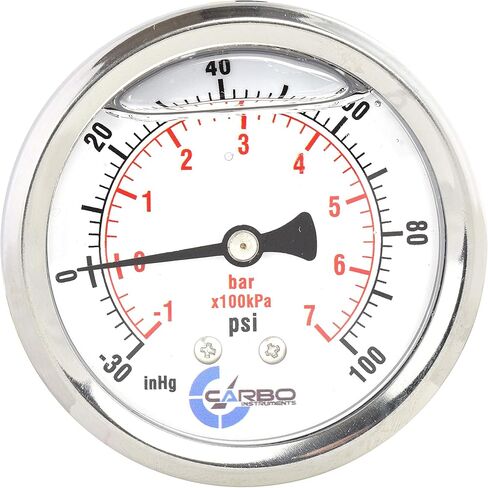 CARBO Instruments 1-1/2" Pressure Gauge, Stainless Steel Case, Chrome Plated Brass Connection, Lqiuid Filled, Compound Vacuum -30 Hg - 0-60 psi Back Mount 1/8" NPT in Saudi Arabia