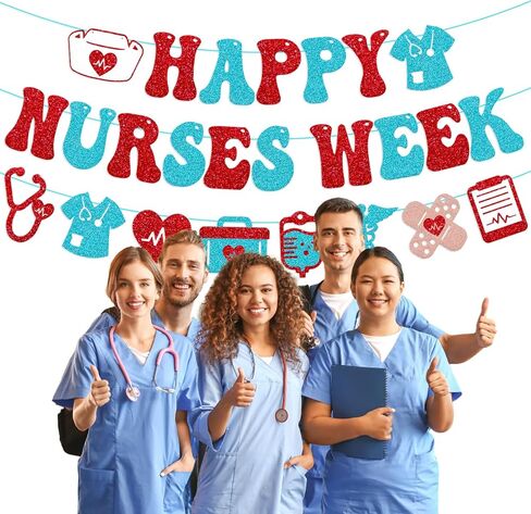 Happy Nurses Week Banner Thank You We Appreciate You Decoration National Nurses Appreciation Backdrop Decor for Doctor Nursing Event Celebration Red Glitter Supplies in Kuwait