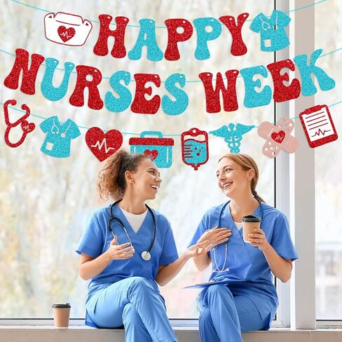 Happy Nurses Week Banner Thank You We Appreciate You Decoration National Nurses Appreciation Backdrop Decor for Doctor Nursing Event Celebration Red Glitter Supplies in Kuwait