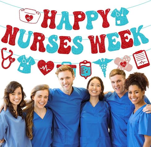 Happy Nurses Week Banner Thank You We Appreciate You Decoration National Nurses Appreciation Backdrop Decor for Doctor Nursing Event Celebration Red Glitter Supplies in Kuwait