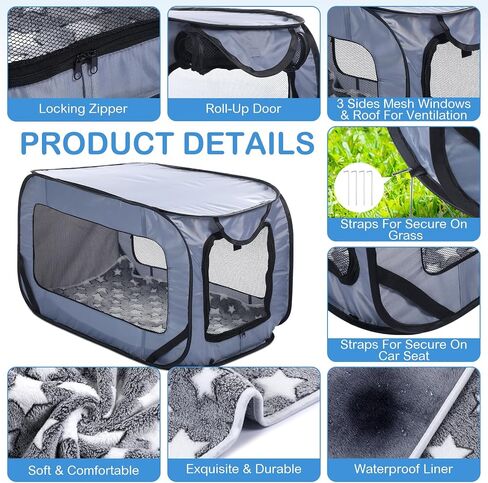 37 Inch Portable Cat Dog Crate Pop Open Cat Kennel Indoor Outdoor Cat Bed Carrier Waterproof Pet Travel Crate with Mat Liner for Large Cat Medium Puppy Car Seat Travel Camping (Black) in Saudi Arabia