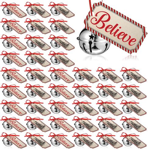 1.6 Inch Christmas Believe Bell Ornament Sleigh Bells with Christmas Believe Ticket Ribbon Train Ticket Silver Christmas Tree Bell for Xmas Gift Tree (24 Set) in Saudi Arabia