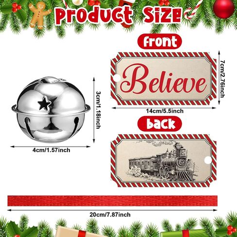 1.6 Inch Christmas Believe Bell Ornament Sleigh Bells with Christmas Believe Ticket Ribbon Train Ticket Silver Christmas Tree Bell for Xmas Gift Tree (24 Set) in Saudi Arabia