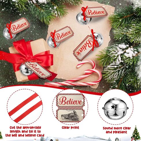 1.6 Inch Christmas Believe Bell Ornament Sleigh Bells with Christmas Believe Ticket Ribbon Train Ticket Silver Christmas Tree Bell for Xmas Gift Tree (24 Set) in Saudi Arabia