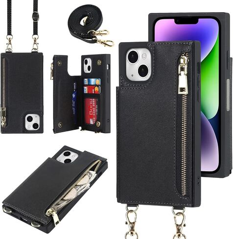 Cavor for iPhone 14 Plus Wallet Case with Card Holder for Women Men,Phone Case for iPhone 14 Plus Case with Strap and Stand,Leather Shockproof Zipper Cover,Black in Saudi Arabia