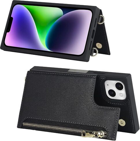 Cavor for iPhone 14 Plus Wallet Case with Card Holder for Women Men,Phone Case for iPhone 14 Plus Case with Strap and Stand,Leather Shockproof Zipper Cover,Black in Saudi Arabia