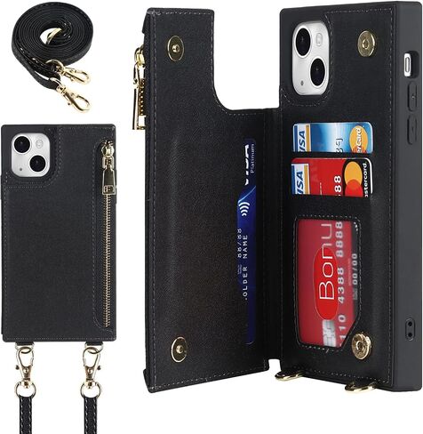 Cavor for iPhone 14 Plus Wallet Case with Card Holder for Women Men,Phone Case for iPhone 14 Plus Case with Strap and Stand,Leather Shockproof Zipper Cover,Black in Saudi Arabia