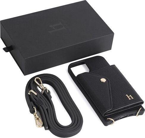 حافظة هاتف بمحفظة جلدية من HoldingIT متوافقة مع موديلات iPhone 13، وحامل بطاقات ائتمان السفر وحزام حمل حول الجسم، وغطاء أسود عتيق وخطافات مطلية بالذهب، للنساء والرجال (iPhone 13 Pro Max) in Kuwait