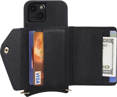 حافظة هاتف بمحفظة جلدية من HoldingIT متوافقة مع موديلات iPhone 13، وحامل بطاقات ائتمان السفر وحزام حمل حول الجسم، وغطاء أسود عتيق وخطافات مطلية بالذهب، للنساء والرجال (iPhone 13 Pro Max) in Kuwait