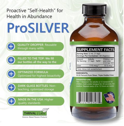 ProSILVER Ionic Silver Liquid, Optimized 20 PPM Bio-Active Liquid Silver for Immune Support, Maximum Absorption Ionic Silver in Dark Glass Bottle with Dropper, 48 Servings, 8oz - Thrival Labs in Saudi Arabia