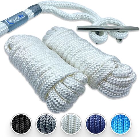 WavesRx 1/2 بوصة × 20 بوصة (2PK) خطوط رصيف ممتازة للقوارب والعائمة | حبال قارب نايلون مضفرة مزدوجة لرسو السفن بحلقة | خطوط الرصيف البحري | خط رصيف القوارب المقاوم للأشعة فوق البنفسجية والمياه المالحة | حبل رباط القارب in Kuwait