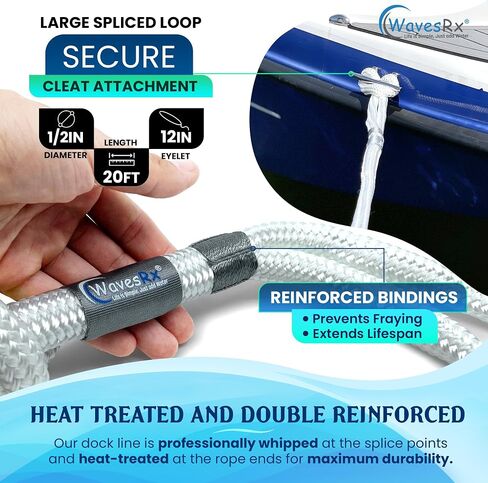 WavesRx 1/2 بوصة × 20 بوصة (2PK) خطوط رصيف ممتازة للقوارب والعائمة | حبال قارب نايلون مضفرة مزدوجة لرسو السفن بحلقة | خطوط الرصيف البحري | خط رصيف القوارب المقاوم للأشعة فوق البنفسجية والمياه المالحة | حبل رباط القارب in Kuwait