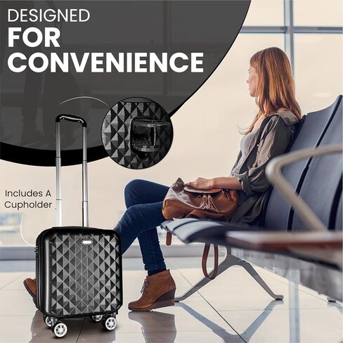 Hard Shell Carry-On Suitcase 18x14x8 - TSA Lock, Cup Holder, Extendable Handle, & Wheels - Fits Under Seat, Ideal for Airlines - Personal Item Roller Bag in Saudi Arabia