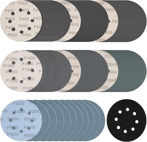 140 Pcs 5 Inch Wet Dry Sanding Discs Hook and Loop 8 Holes Sandpaper 400/600/800/1000/1500/2000/3000 Assortment Grits with Interface Pad for Orbital Sander Automotive Wood Plastic Metal Polishing in Saudi Arabia