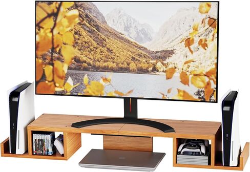 حامل شاشة مزدوج بسيط مع وحدة تخزين مقسمة جانبية، مساحة تخزين كبيرة جدًا من الخشب مقاس 43.6 بوصة لشاشتين مكتب منظم لأجهزة الكمبيوتر المحمولة والطابعات والتلفزيون ولون السجل in Kuwait