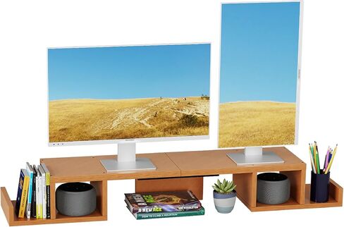 حامل شاشة مزدوج بسيط مع وحدة تخزين مقسمة جانبية، مساحة تخزين كبيرة جدًا من الخشب مقاس 43.6 بوصة لشاشتين مكتب منظم لأجهزة الكمبيوتر المحمولة والطابعات والتلفزيون ولون السجل in Kuwait