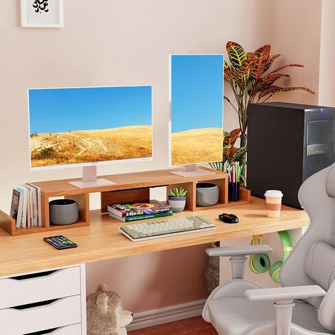 حامل شاشة مزدوج بسيط مع وحدة تخزين مقسمة جانبية، مساحة تخزين كبيرة جدًا من الخشب مقاس 43.6 بوصة لشاشتين مكتب منظم لأجهزة الكمبيوتر المحمولة والطابعات والتلفزيون ولون السجل in Kuwait