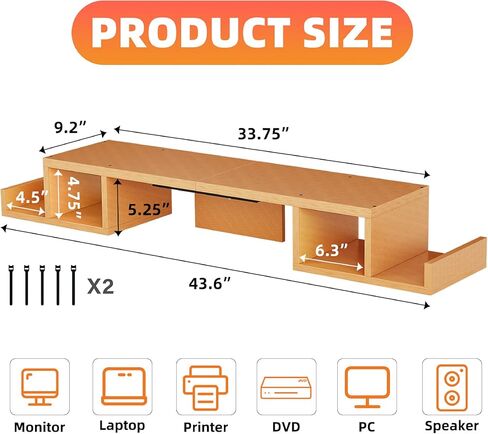 حامل شاشة مزدوج بسيط مع وحدة تخزين مقسمة جانبية، مساحة تخزين كبيرة جدًا من الخشب مقاس 43.6 بوصة لشاشتين مكتب منظم لأجهزة الكمبيوتر المحمولة والطابعات والتلفزيون ولون السجل in Kuwait