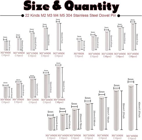 220 قطعة وتد دبوس 304 الفولاذ المقاوم للصدأ أسطواني الجرف دعم الوتد دبوس قضيب ربط عناصر مجموعة متنوعة - 22 نوعا M2 M3 M4 M5 in Kuwait
