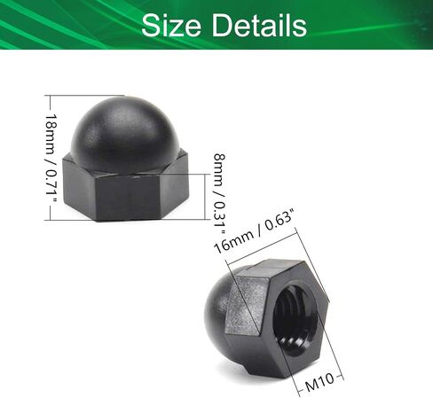 Yinpecly Acorn Hex Cap Nuts M10 قبة غطاء رأس صواميل نايلون مسدس مزخرف غطاء تاج قفل مشابك للبراغي البراغي لون أسود 10 قطع in Kuwait