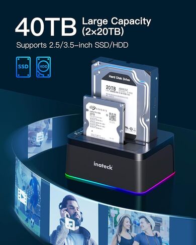 Inateck RGB USB 3.0 USB-C Port Hard Drive Docking Station with Offline Cloning, for 2.5/3.5 Inch SATA HDDs and SSDs, 2 x 20TB Dual Bay Docking Station, UASP Supported, SA02003C in Saudi Arabia