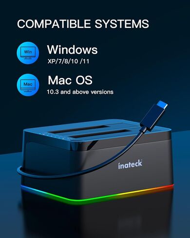 Inateck RGB USB 3.0 USB-C Port Hard Drive Docking Station with Offline Cloning, for 2.5/3.5 Inch SATA HDDs and SSDs, 2 x 20TB Dual Bay Docking Station, UASP Supported, SA02003C in Saudi Arabia