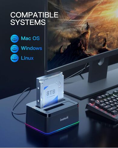 محطة إرساء محرك الأقراص الصلبة Inateck RGB USB 3.0 USB-C مع استنساخ دون اتصال بالإنترنت، لمحركات الأقراص الصلبة SATA HDD وSSD مقاس 2.5/3.5 بوصة، وقاعدة إرساء مزدوجة الخليج 2 × 20 تيرابايت، ودعم UASP، SA02003C in Saudi Arabia