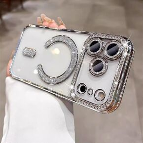 Magnetic Sparkle Diamond for iPhone 17 Pro Max Case[Compatible with MagSafe] Sparkle Diamond Camera Protection Shockproof Clear Cute Glitter Bling for Women and Girls,Silver in Kuwait