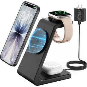 محطة شحن لاسلكية مغناطيسية لأجهزة iPhone: 3 في 1 معتمدة من Qi2 شحن سريع بقدرة 15 وات لأجهزة iPhone 17-12 وApple Watch وAirPods ومغناطيس N52 ومحول 30 وات متضمن (المكتب/جانب السرير/المكتب) in Kuwait