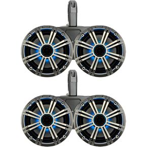 نظام برج واكيبورد مزدوج أسود من كيكر مع زوجين (الكمية 4) من الفضة 6.5 بوصة 195 وات ماكس باور مارين OEM بديل RGB متعدد الألوان LED مكبرات صوت قارب محورية in Kuwait