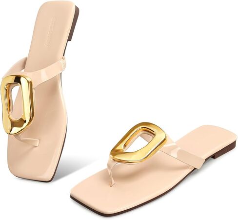 Gold Buckle Flat Sandals for Women Square Toe Dressy Flip Flops Trendy Thong Sandals Slide Sandals in Saudi Arabia