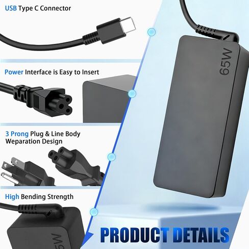 USB C 65W 45W Laptop Charger Compatible with Lenovo Laptop, Thinkpad, Yoga, Chromebook, Thinkbook and More, Type C AC Adapter with 11ft Extra Long Fast Charging Cord in Saudi Arabia