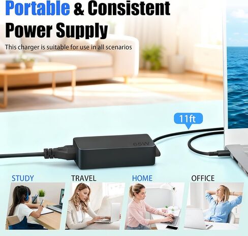 USB C 65W 45W Laptop Charger Compatible with Lenovo Laptop, Thinkpad, Yoga, Chromebook, Thinkbook and More, Type C AC Adapter with 11ft Extra Long Fast Charging Cord in Saudi Arabia