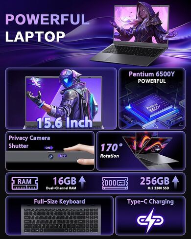 كمبيوتر محمول 16 جيجابايت رام - وحدة المعالجة المركزية Pentium 6500Y (Beat N5095، حتى 3.4 جيجا هرتز)، أجهزة كمبيوتر محمولة مع 256 جيجابايت SSD، شاشة 15.6 بوصة FHD IPS، نوع C، USB 3.2، HDMI، عمر بطارية طويل in Kuwait