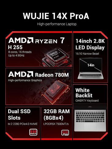 كمبيوتر محمول 14 بوصة، شاشة 2.8K QHD، ذاكرة وصول عشوائي 32 جيجابايت، 1 تيرابايت PCIe4.0 SSD، بصمة الإصبع، معالج AMD Ryzen7 H255، كمبيوتر محمول كمبيوتر محمول للأعمال/محطة العمل/المنزل/المدرسة - رمادي[MECHREVO機械革命] in Kuwait