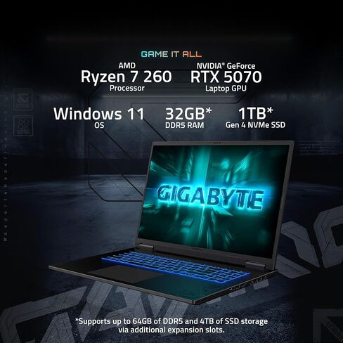 كمبيوتر محمول للألعاب GIGABYTE Gaming A18 - 165 هرتز 2560x1600 WQXGA - NVIDIA GeForce RTX 5070 - AMD Ryzen 7 260-1 تيرابايت SSD مع ذاكرة الوصول العشوائي DDR5 سعة 32 جيجابايت - Windows 11 Home - أسود فولاذي in Saudi Arabia