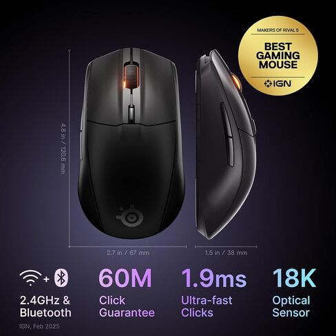 ماوس الألعاب SteelSeries Rival 3 الجيل الثاني اللاسلكي - 2.4 جيجا هرتز وبلوتوث - مستشعر بصري TrueMove Air 18000 نقطة لكل بوصة - متانة 60 مليون نقرة - خفيف الوزن - أقدام PTFE بنسبة 100% - أسود (متجدد) in Kuwait
