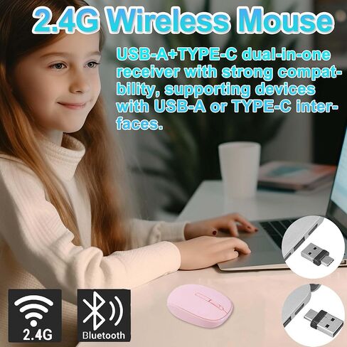 Pink Silent Wireless Mouse, with Type-C + USB-A Dual Interface Portable Lightweight Small Optical Mouse, Plug and Play for Mobile Phone Tablet Laptop MacBook PC, Gift for Kids Girl Women Student in Saudi Arabia