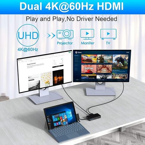 أجهزة Quanlex Dual HDMI+VGA Dock Works - محطة إرساء ثلاثية العرض 12 في 1 لأجهزة Pro (12/11/10/9/8/X/7/6/5/4)، والكمبيوتر المحمول، والذهاب، والكتب in Kuwait