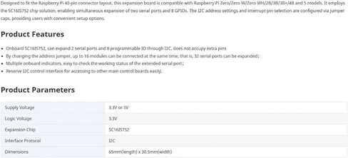 قبعة توسيع تسلسلية SC16IS752 لـ Raspberry Pi، 2X UART و8 منافذ GPIO، واجهة I2C، تناسب Pi 4/3B+/Zero/5 in Kuwait
