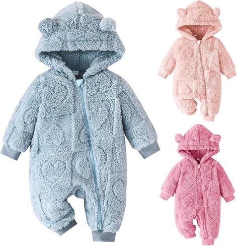 Newborn Winter Snowsuit - Cute Cartoon Bear Fleece Jumpsuit with Hood, Baby Boy & Girl Warm Outfit, Soft Thermal Onesie in Saudi Arabia