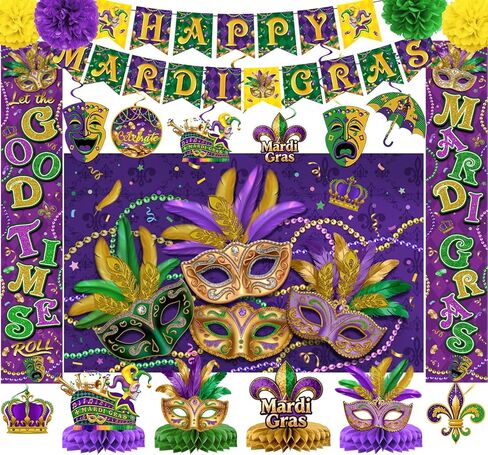 تشتمل ديكورات Mardi Gras على خلفية ولافتة ودوامات معلقة ولافتة للشرفة وكرات ورقية وقطع مركزية على شكل قرص العسل للباب الأمامي الداخلي/الخارجي وحفلة تنكرية للمنزل in Kuwait