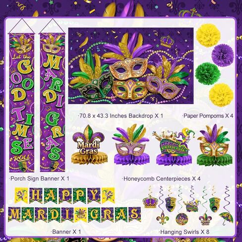 تشتمل ديكورات Mardi Gras على خلفية ولافتة ودوامات معلقة ولافتة للشرفة وكرات ورقية وقطع مركزية على شكل قرص العسل للباب الأمامي الداخلي/الخارجي وحفلة تنكرية للمنزل in Kuwait